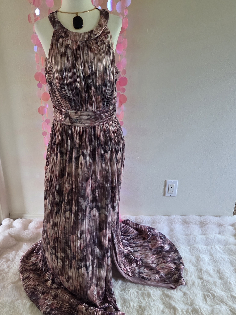 Eliza J Pleated Halter Maxi Dress in Mauve and Brown Floral